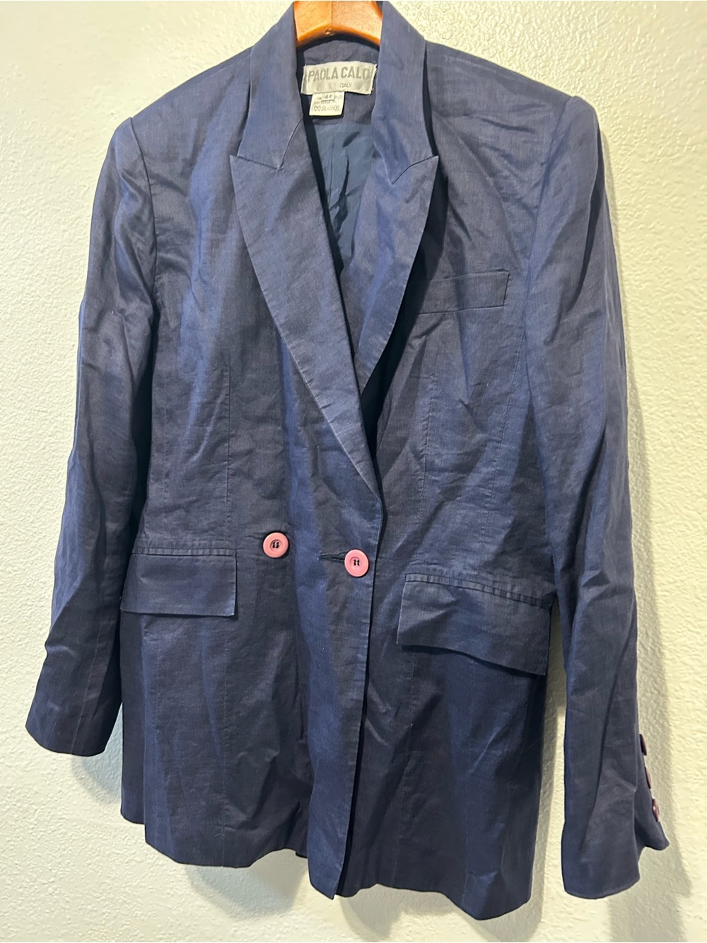 Paola Caló Italy linen Navy Women's Blazer with Pink Buttons